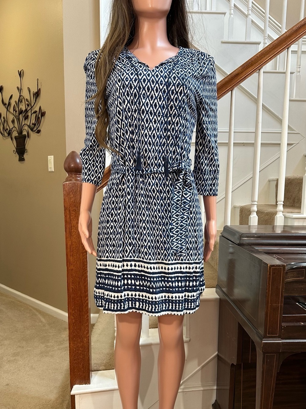 beachlunchlounge Navy and White Geometric Tie-Waist Dress